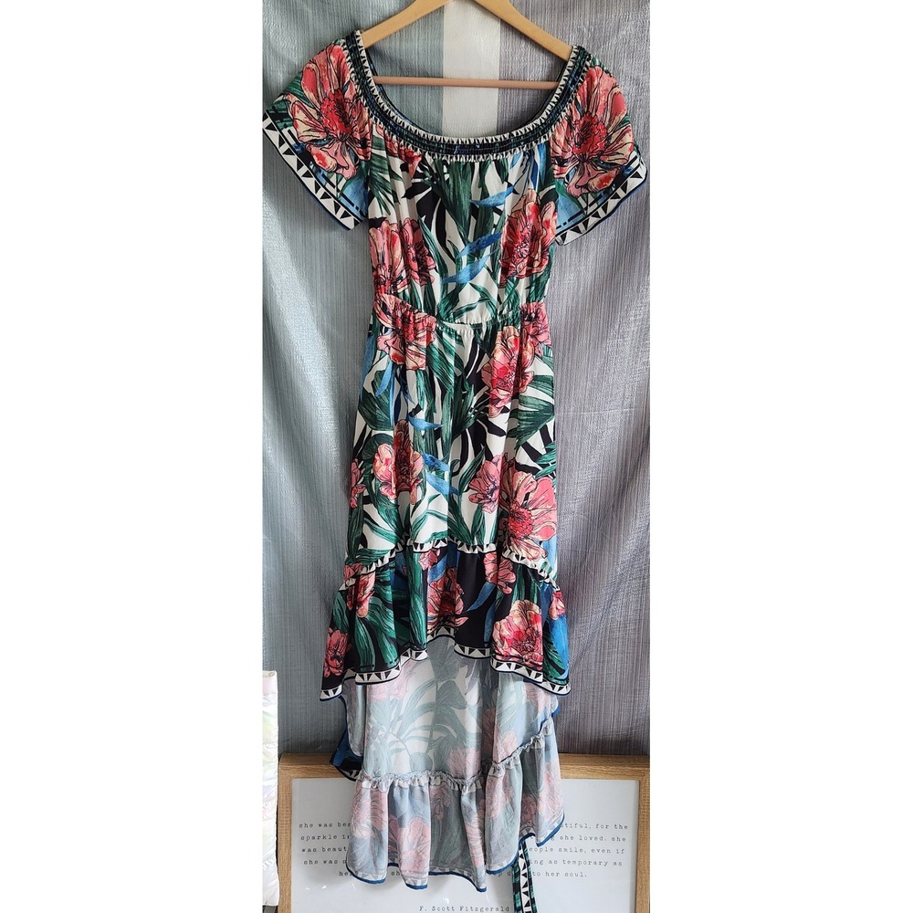 Flying Tomato Tropical Floral High Low Maxi Dress Resortwear Boho Pink Green M